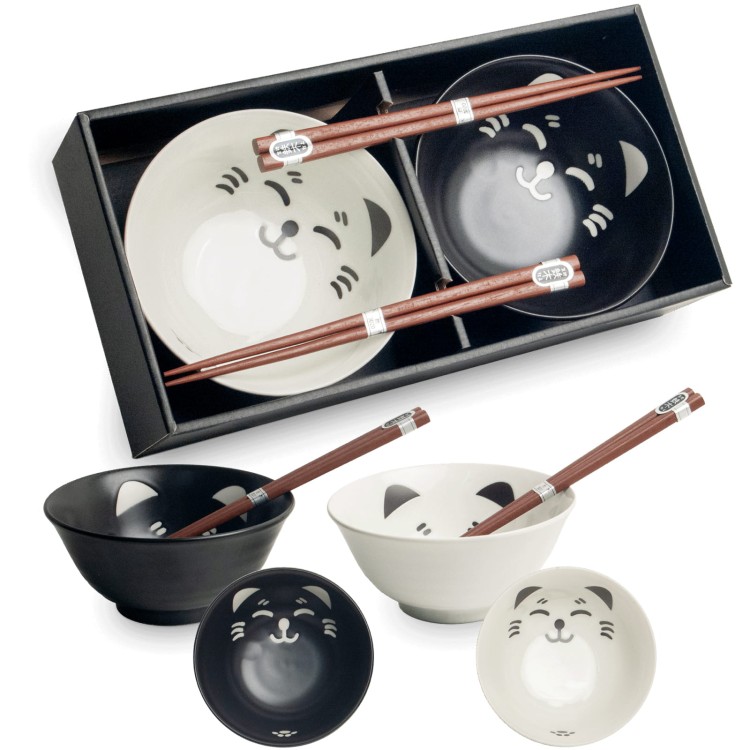 Zestaw Biało-Czarnych Orientalnych Misek 15cm z Pałeczkami Wzór Kotki