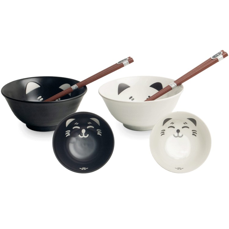 Zestaw Biało-Czarnych Orientalnych Misek 15cm z Pałeczkami Wzór Kotki