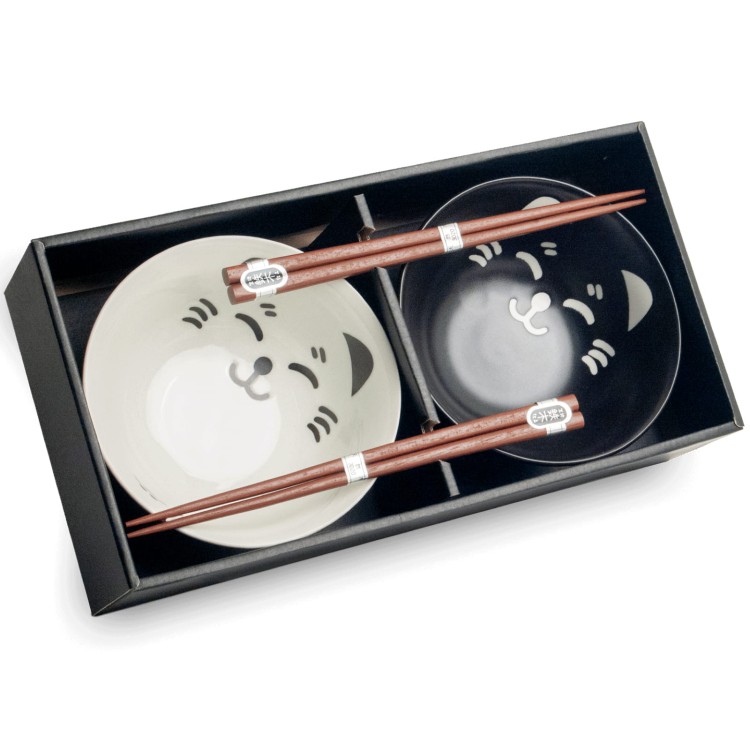 Zestaw Biało-Czarnych Orientalnych Misek 15cm z Pałeczkami Wzór Kotki