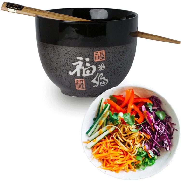 Miseczka z Pałeczkami Do Zupy i Makaronu Soba Czarno Szara Orientalne Znaki EMRO AZIATICA