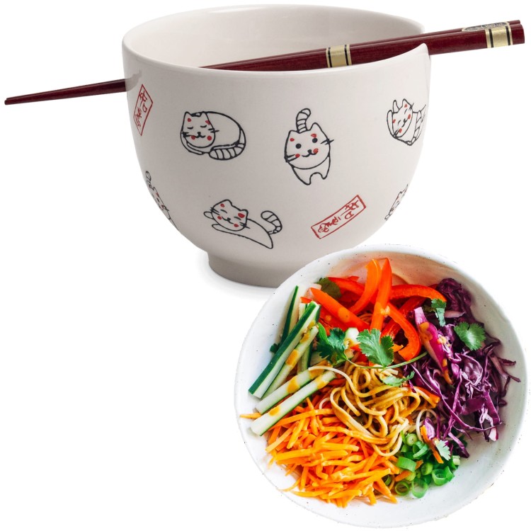 Biała Miseczka z Pałeczkami Do Zupy i Makaronu Soba Motyw Szczęśliwe Kotki EMRO AZIATICA
