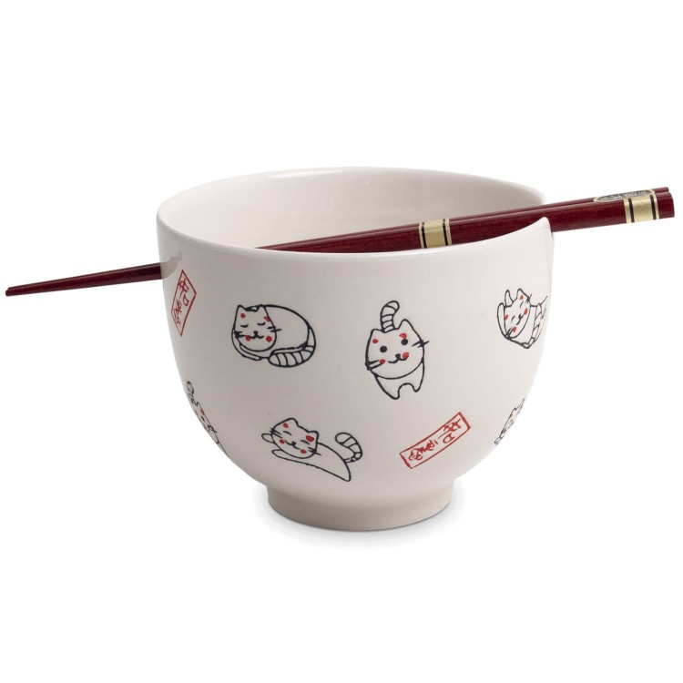 Biała Miseczka z Pałeczkami Do Zupy i Makaronu Soba Motyw Szczęśliwe Kotki EMRO AZIATICA