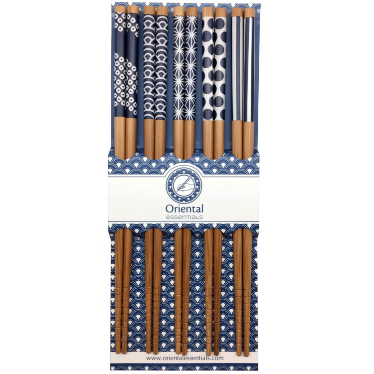 Drewniane Brązowe Pałeczki Różne Niebieskie Wzory 5 Par 22,5cm ORIENTAL ESSENTIALS