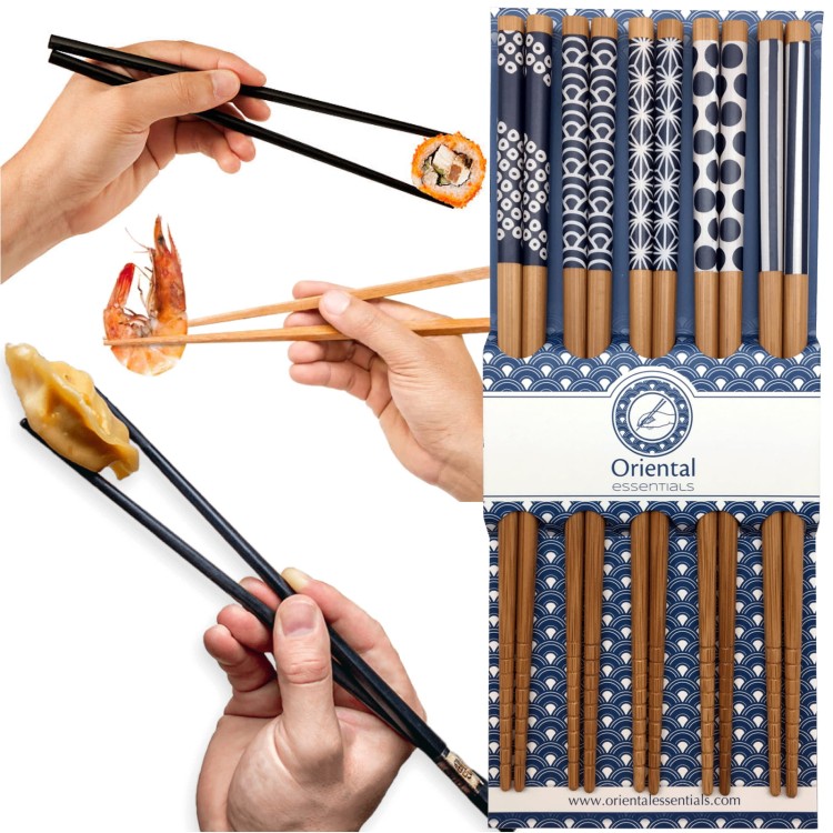 Drewniane Brązowe Pałeczki Różne Niebieskie Wzory 5 Par 22,5cm ORIENTAL ESSENTIALS