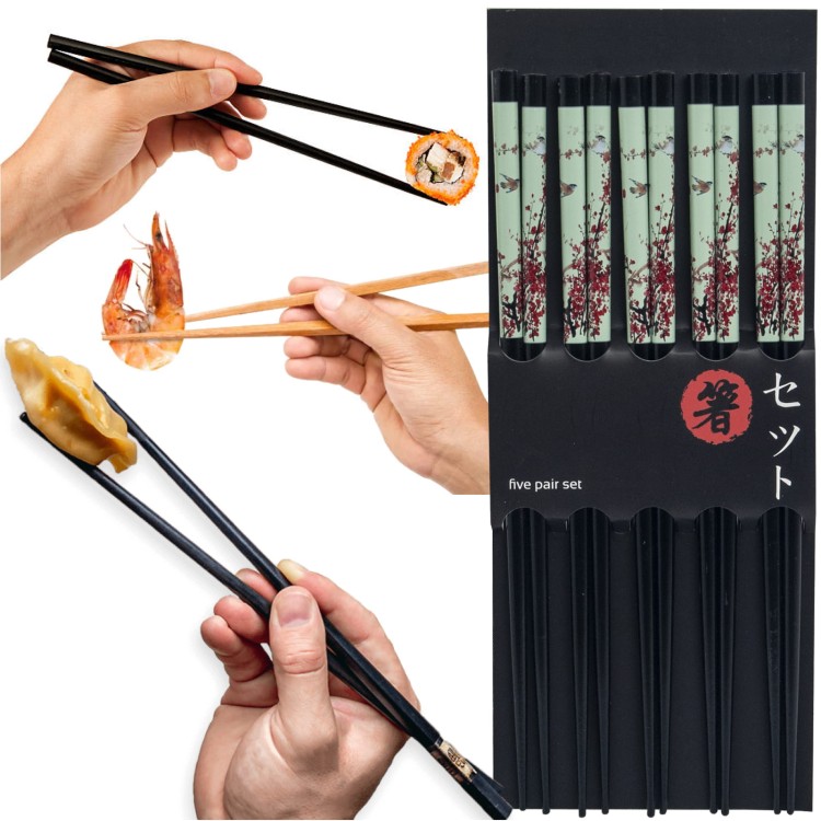 Czarne Drewniane Pałeczki z Motywem Kwiatów i Ptaków 5 Par 22,5cm EMRO AZIATICA