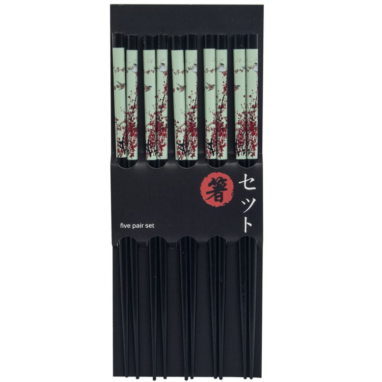 Czarne Drewniane Pałeczki z Motywem Kwiatów i Ptaków 5 Par 22,5cm EMRO AZIATICA