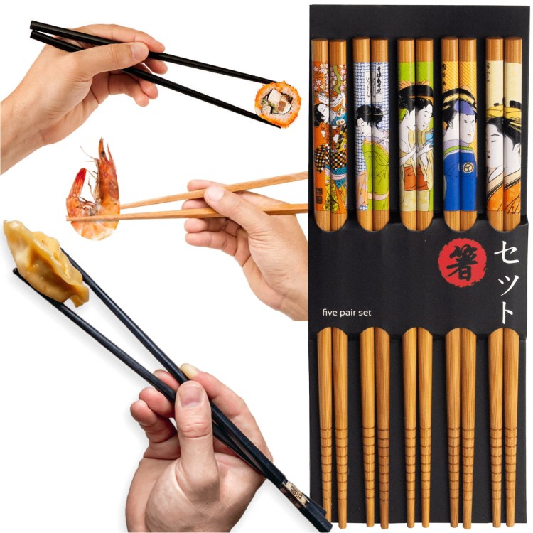 Azjatyckie Jasne Drewniane Pałeczki z Motywem Gejszy Do Sushi 5 Par 22,5cm EMRO AZIATICA