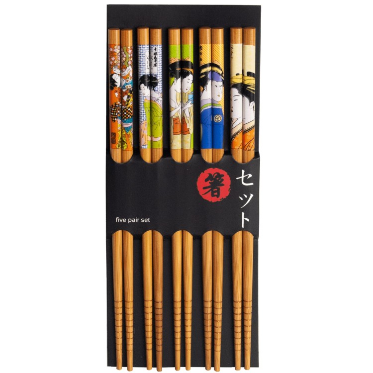 Azjatyckie Jasne Drewniane Pałeczki z Motywem Gejszy Do Sushi 5 Par 22,5cm EMRO AZIATICA