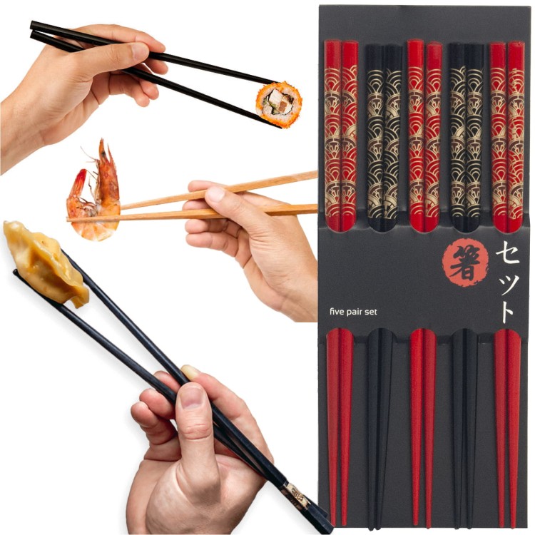 Czarno Czerwone Drewniane Pałeczki z Orientalnym Motywem 5 Par 22,5cm EMRO AZIATICA
