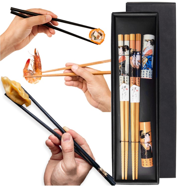 Zestaw Japońskich Pałeczek z Podstawką w Pudełku z Motywem Gejszy 2 Pary 22,5cm ORIENTAL ESSENTIALS