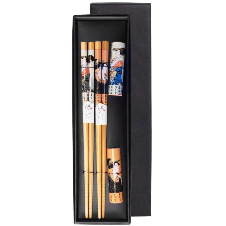 Zestaw Japońskich Pałeczek z Podstawką w Pudełku z Motywem Gejszy 2 Pary 22,5cm ORIENTAL ESSENTIALS