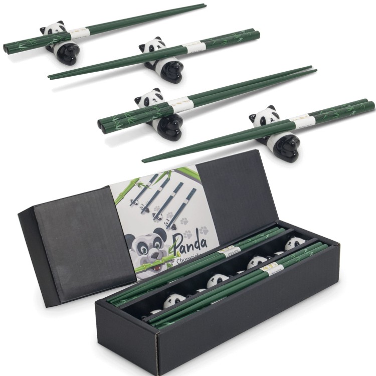 Zestaw Zielonych Japońskich Pałeczek z Podstawką w Pudełku Motyw Panda 4 Pary 22,5cm