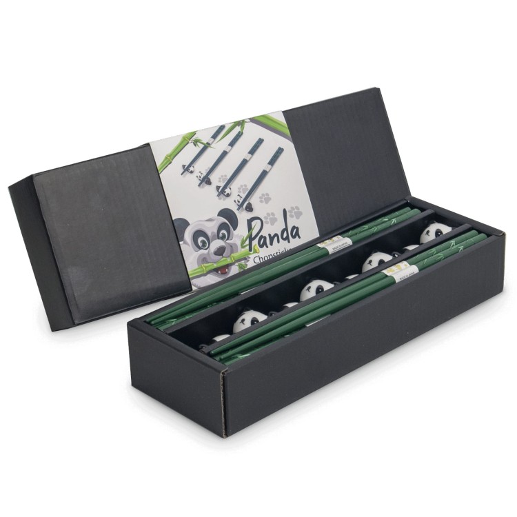 Zestaw Zielonych Japońskich Pałeczek z Podstawką w Pudełku Motyw Panda 4 Pary 22,5cm