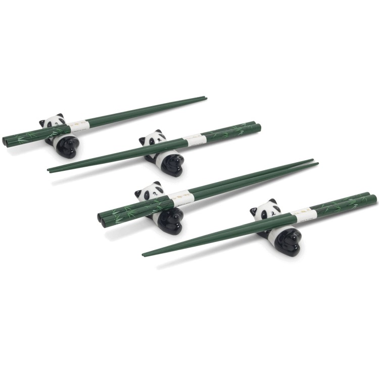 Zestaw Zielonych Japońskich Pałeczek z Podstawką w Pudełku Motyw Panda 4 Pary 22,5cm