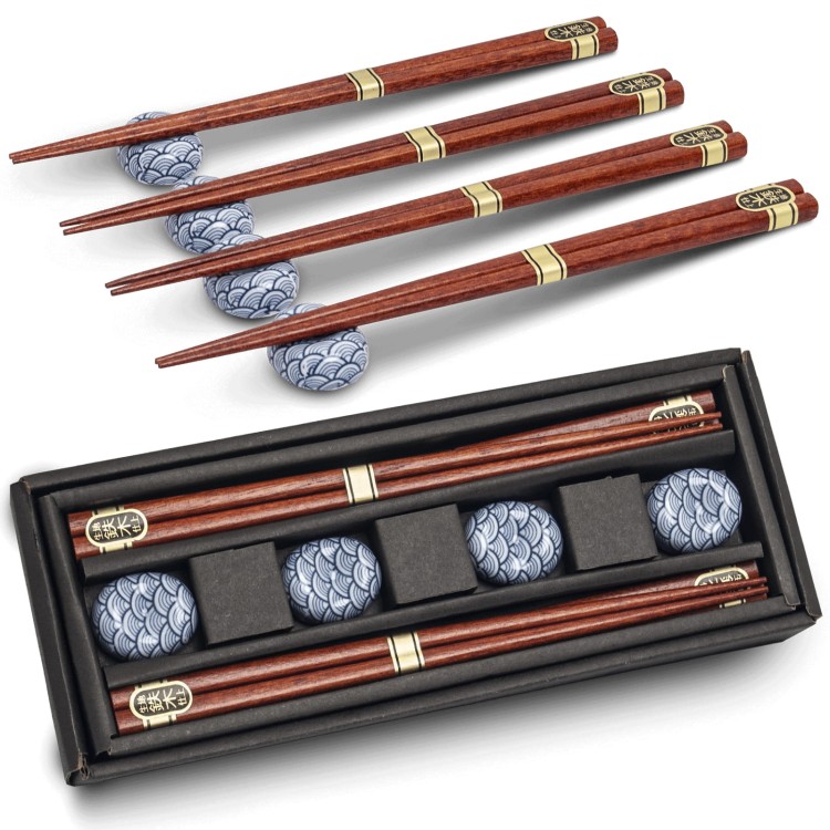 Zestaw Eleganckich Japońskich Pałeczek z Podstawką w Pudełku Seigaiha 4 Pary 22,5cm
