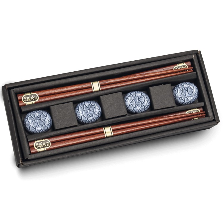 Zestaw Eleganckich Japońskich Pałeczek z Podstawką w Pudełku Seigaiha 4 Pary 22,5cm