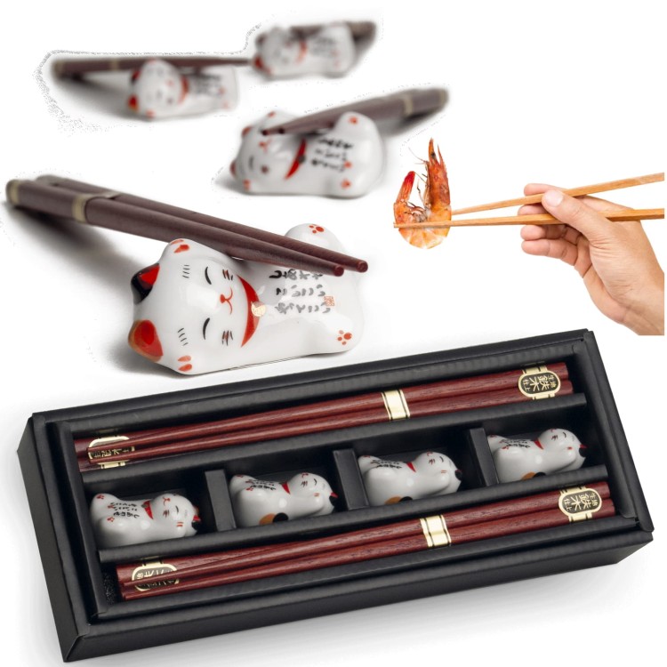 Zestaw Ciemnych Japońskich Pałeczek z Podstawką Kotki MANEKI NEKO 4 Pary EMRO AZIATICA