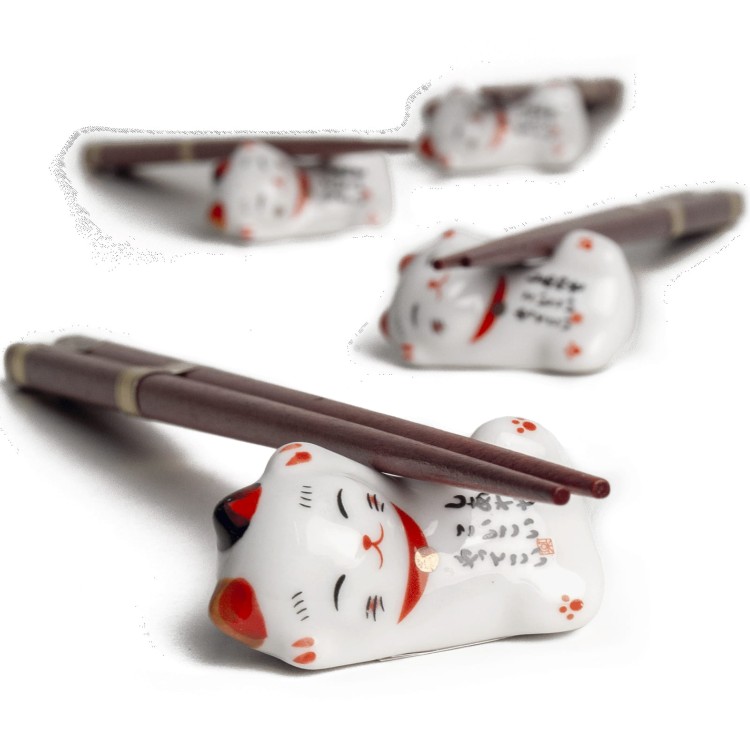 Zestaw Ciemnych Japońskich Pałeczek z Podstawką Kotki MANEKI NEKO 4 Pary EMRO AZIATICA