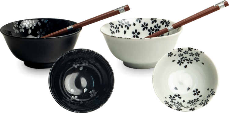Zestaw Biało Czarnych Orientalnych Misek 15cm z Pałeczkami Wzór Kwiaty EDO JAPAN