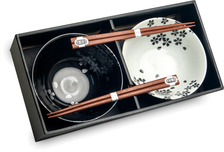 Zestaw Biało Czarnych Orientalnych Misek 15cm z Pałeczkami Wzór Kwiaty EDO JAPAN