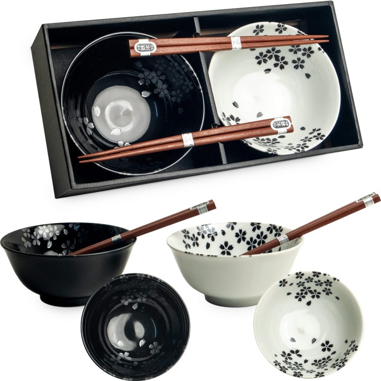 Zestaw Biało Czarnych Orientalnych Misek 15cm z Pałeczkami Wzór Kwiaty EDO JAPAN