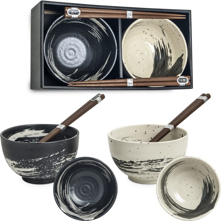 Zestaw Orientalnych Misek 13cm z Pałeczkami Czarno Białe Do Zupy EDO JAPAN