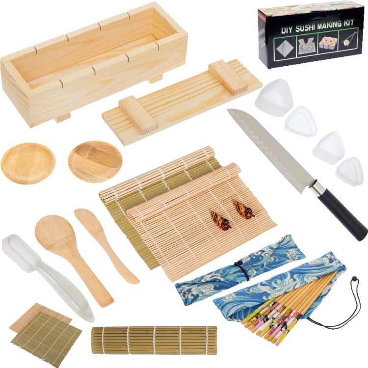 Zestaw Akcesoriów Do Robienia Sushi Mata Nóż Pałeczki Foremki Podstawki Drewniana Prasa