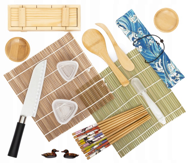 Zestaw Akcesoriów Do Robienia Sushi Mata Nóż Pałeczki Foremki Podstawki Drewniana Prasa