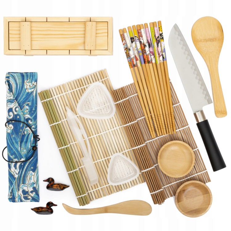 Zestaw Akcesoriów Do Robienia Sushi Mata Nóż Pałeczki Foremki Podstawki Drewniana Prasa