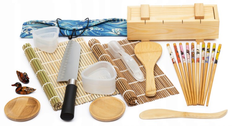 Zestaw Akcesoriów Do Robienia Sushi Mata Nóż Pałeczki Foremki Podstawki Drewniana Prasa