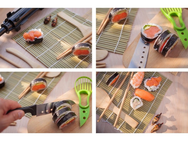 Zestaw Akcesoriów Do Robienia Sushi Mata Nóż Pałeczki Foremki Podstawki Drewniana Prasa