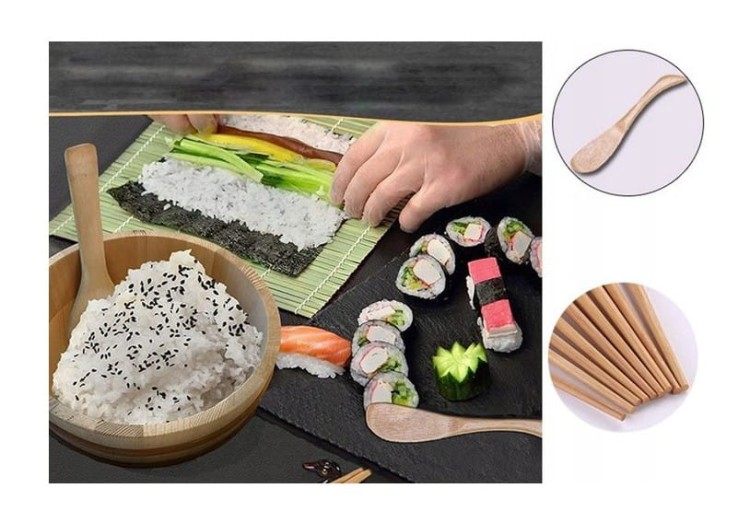 Zestaw Akcesoriów Do Robienia Sushi Mata Nóż Pałeczki Foremki Podstawki Drewniana Prasa