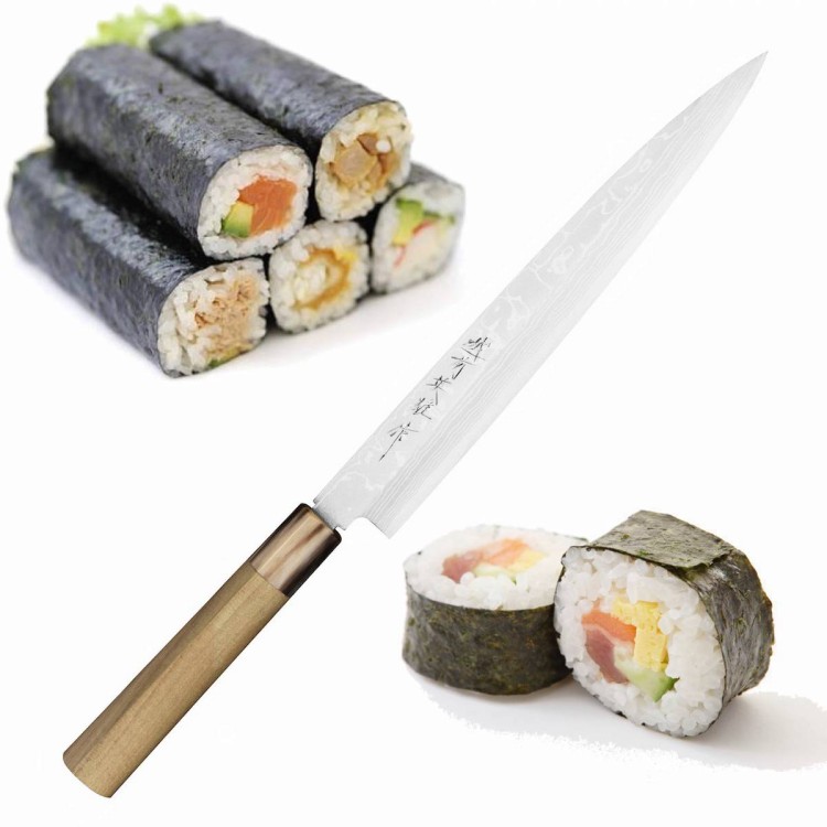 Hideo Kitaoka Aogami#2 Satin Damascus Japoński Nóż Yanagi Sashimi Do Sushi 24cm