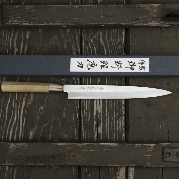 Hideo Kitaoka Aogami#2 Satin Damascus Japoński Nóż Yanagi Sashimi Do Sushi 24cm