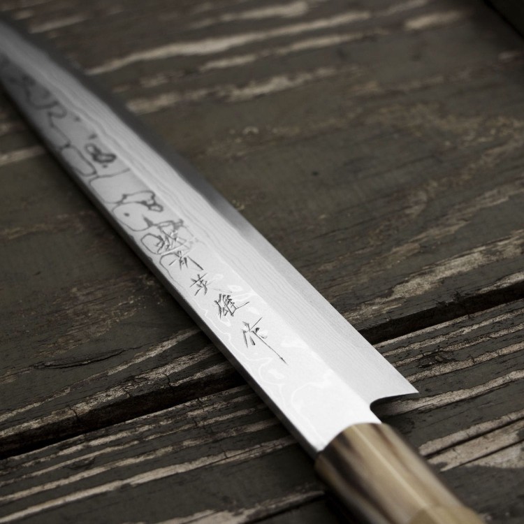 Hideo Kitaoka Aogami#2 Satin Damascus Japoński Nóż Yanagi Sashimi Do Sushi 24cm