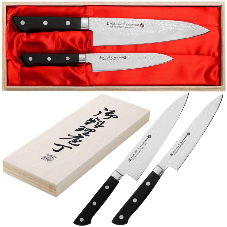 Satake Noushu Japoński Zestaw 2 Noży Nóż Uniwersalny 13cm i Szefa Kuchni 20cm w Drewnianym Etui