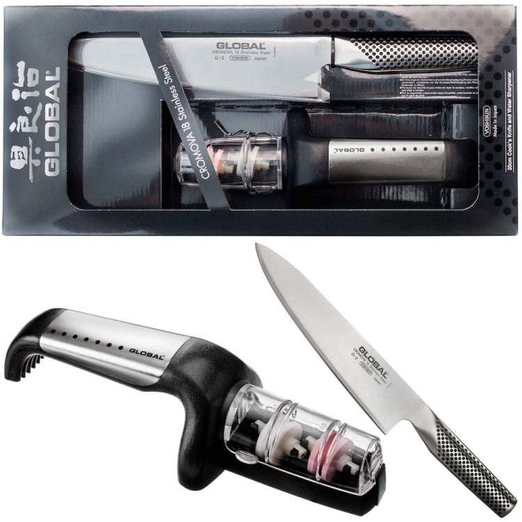 Global Japoński Zestaw Starter Nóż Szefa Kuchni 21cm G-2 Ostrzałka G-91/SB