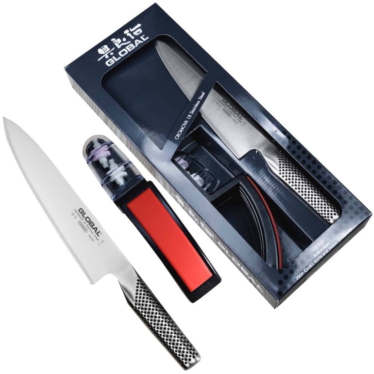 Global Japoński Zestaw Starter Nóż Szefa Kuchni G-2 i Ostrzałka Noży 220/BR