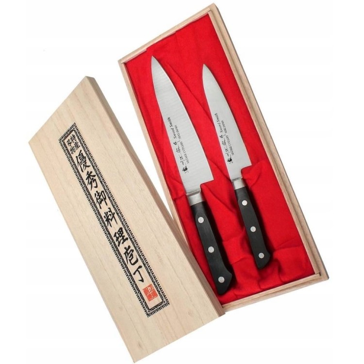 Satake Katsu Japoński Zestaw 2 Noży Nóż Szefa Kuchni 18cm i Uniwersalny 13,5cm w Drewnianym Etui