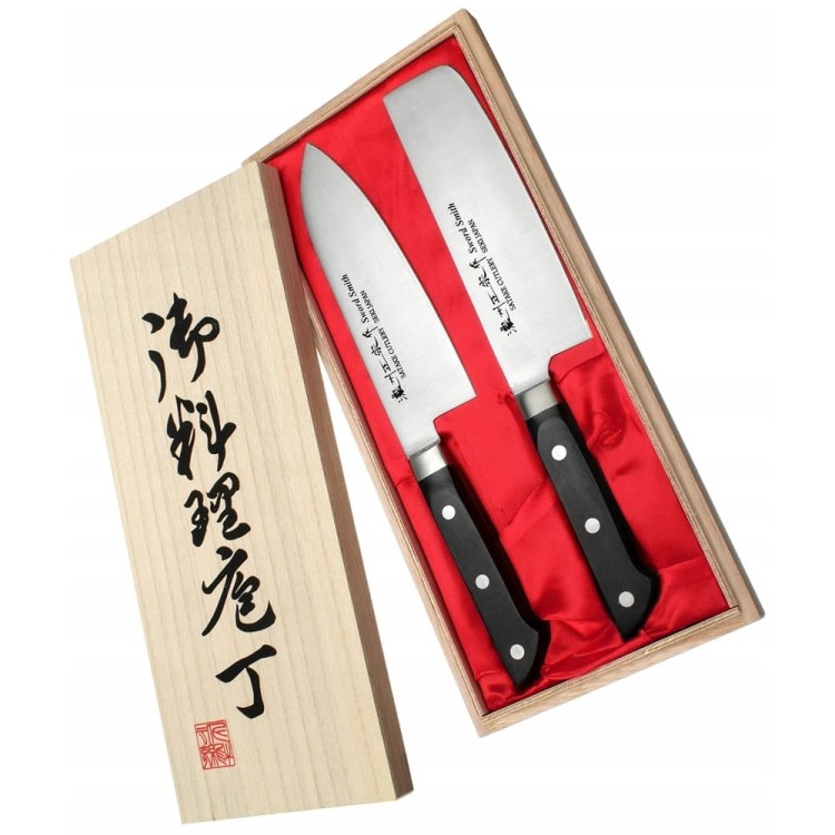 Satake Katsu Japoński Zestaw 2 Noży Nóż Santoku 17cm i Nakiri 16cm w Drewnianym Etui