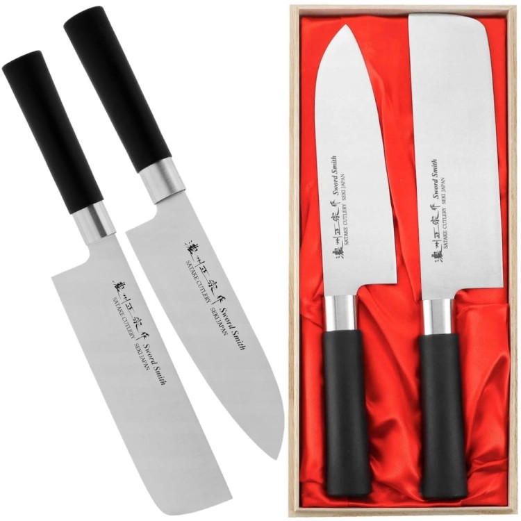 Satake Saku Japoński Zestaw 2 Noży Nóż Santoku 17cm i Nakiri 16cm w Drewnianym Etui