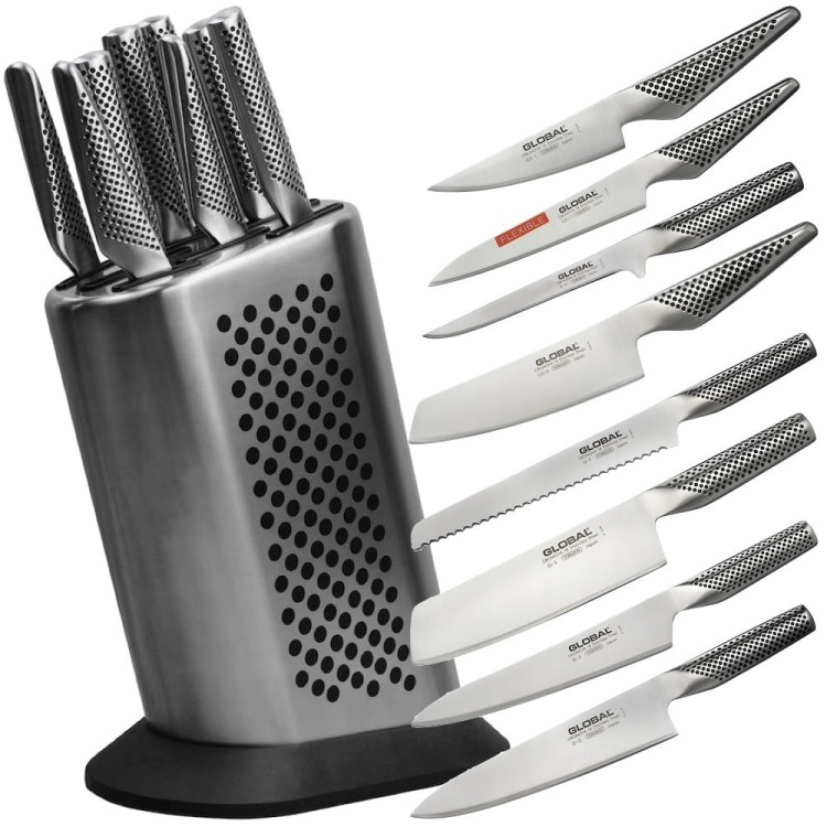 Global Japoński Zestaw Noży w Gładkim Bloku w Kropki 8 Częściowy