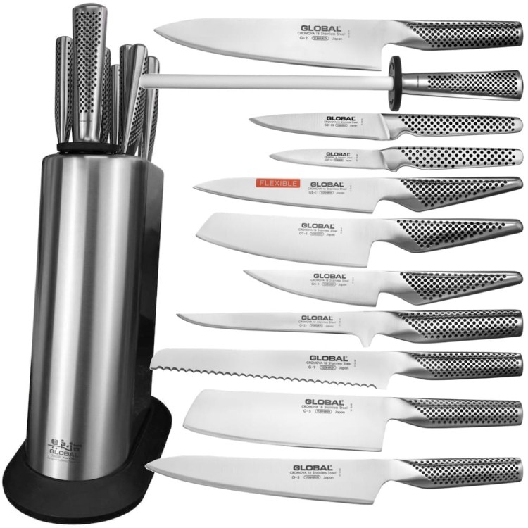 Global Japoński Duży Zestaw Noży w Gładkim Bloku 11 Części G-8311KB/PL