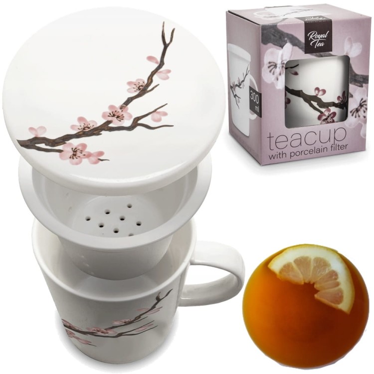 Biały Kubek Do Herbaty z Ceramicznym Filtrem SAKURA 300ml ROYAL TEA
