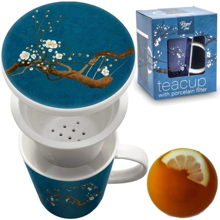 Kubek Do Herbaty z Ceramicznym Filtrem Motyw Wzór NIEBIESKI KWIAT MAGNOLII 300ml ROYAL TEA