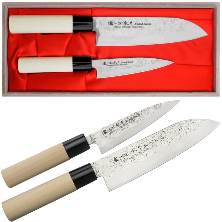 Satake Nashiji Natural Japoński Zestaw 2 Noży Santoku 17cm i Uniwersalny 12cm w Drewnianym Etui