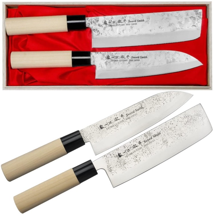 Satake Nashiji Natural Japoński Zestaw 2 Noży Santoku 17cm i Nakiri 16cm w Drewnianym Etui