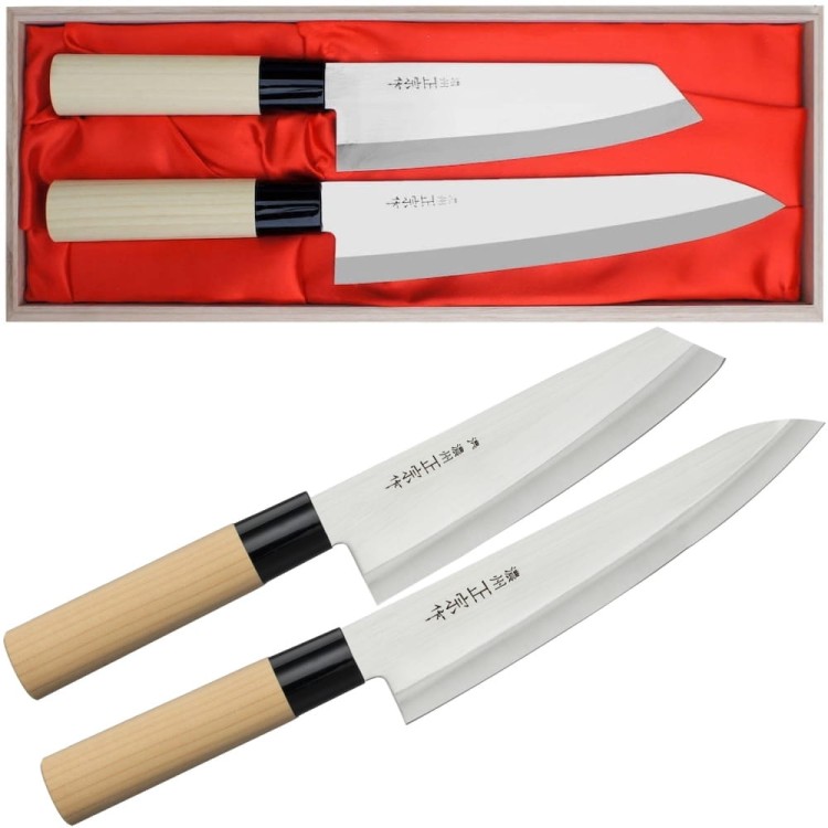 Satake Megumi 420J2 Japoński Zestaw 2 Noży Bunka 17cm i Szefa Kuchni 21cm w Drewnianym Etui