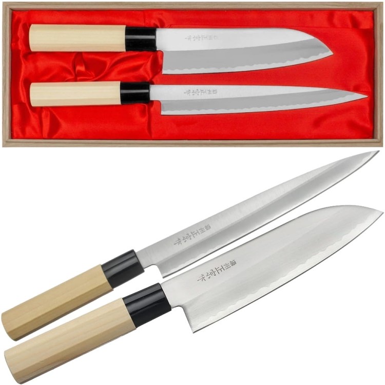 Satake Yoshimitsu Japoński Zestaw 2 Noży Santoku 17cm i Yanagi-Sashimi 21cm w Drewnianym Etui