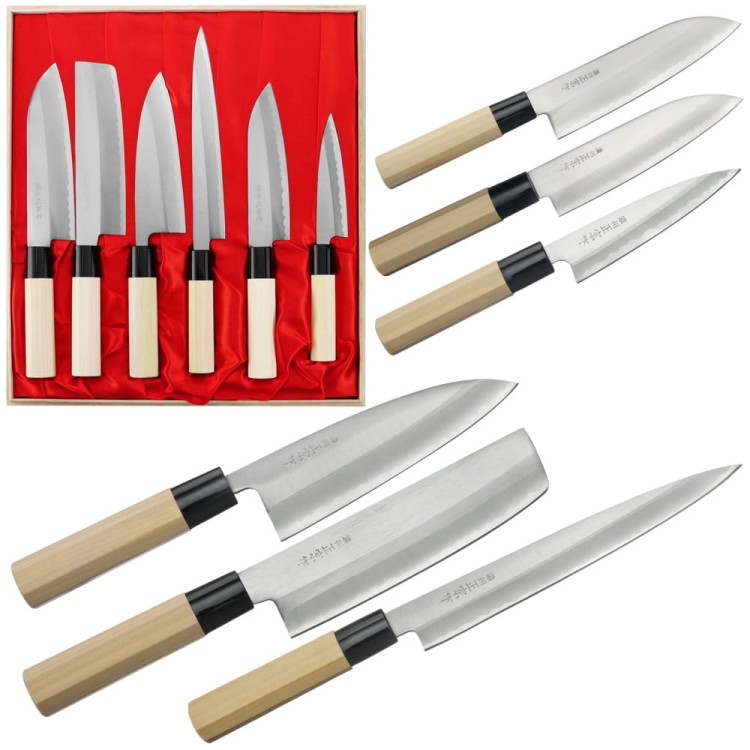 Satake Yoshimitsu Rdzewny Japoński Zestaw 6 Noży w Drewnianym Etui